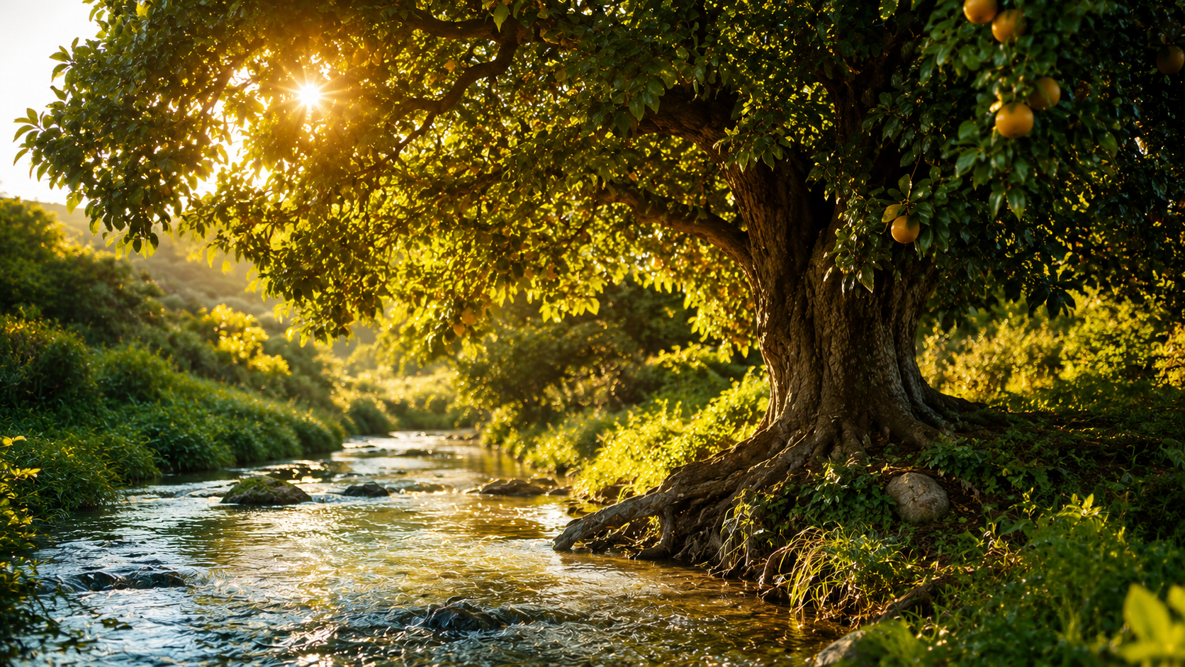 Árvore frutífera plantada junto ao ribeiro ao entardecer — o justo enraizado