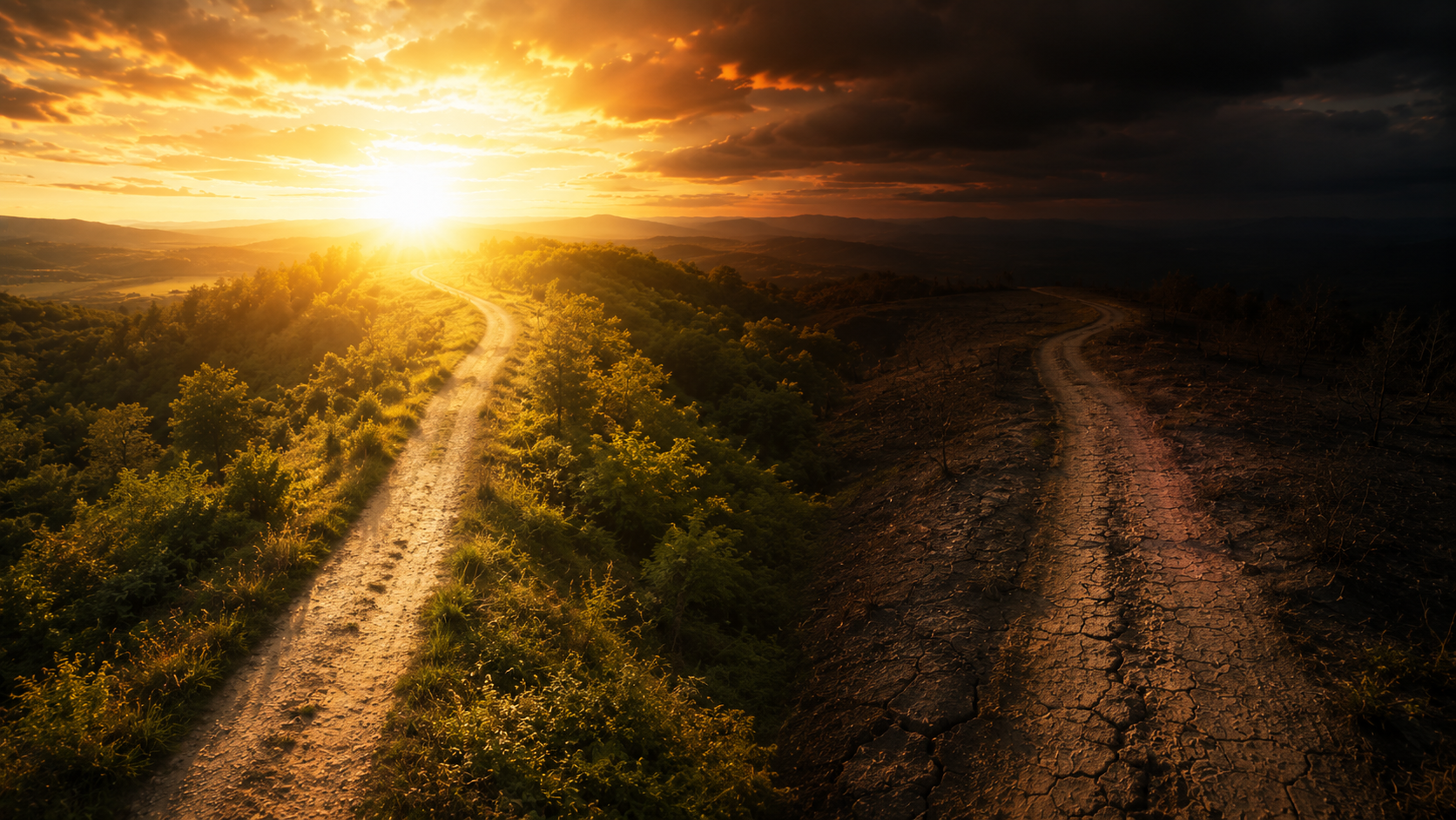 Dois caminhos que se separam: um verde e iluminado, outro seco e rachado — os dois fins